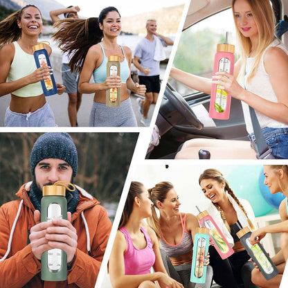 SipZest 32 oz Glass Water Bottle with Straw - Motivational Time Marker & Silicone Sleeve - Reusable Tumbler Includes 2 Bamboo Lids & Fruit Infuser - 1 Pack