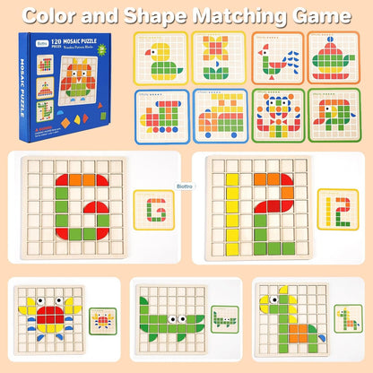 Wooden Mosaic Puzzle 120PCS Shape Pattern Blocks Preschool Learning Activities Educational Toys Shape Matching Game Montessori Toys for Toddlers Kids Boys Girls 3 4 5 Years Old