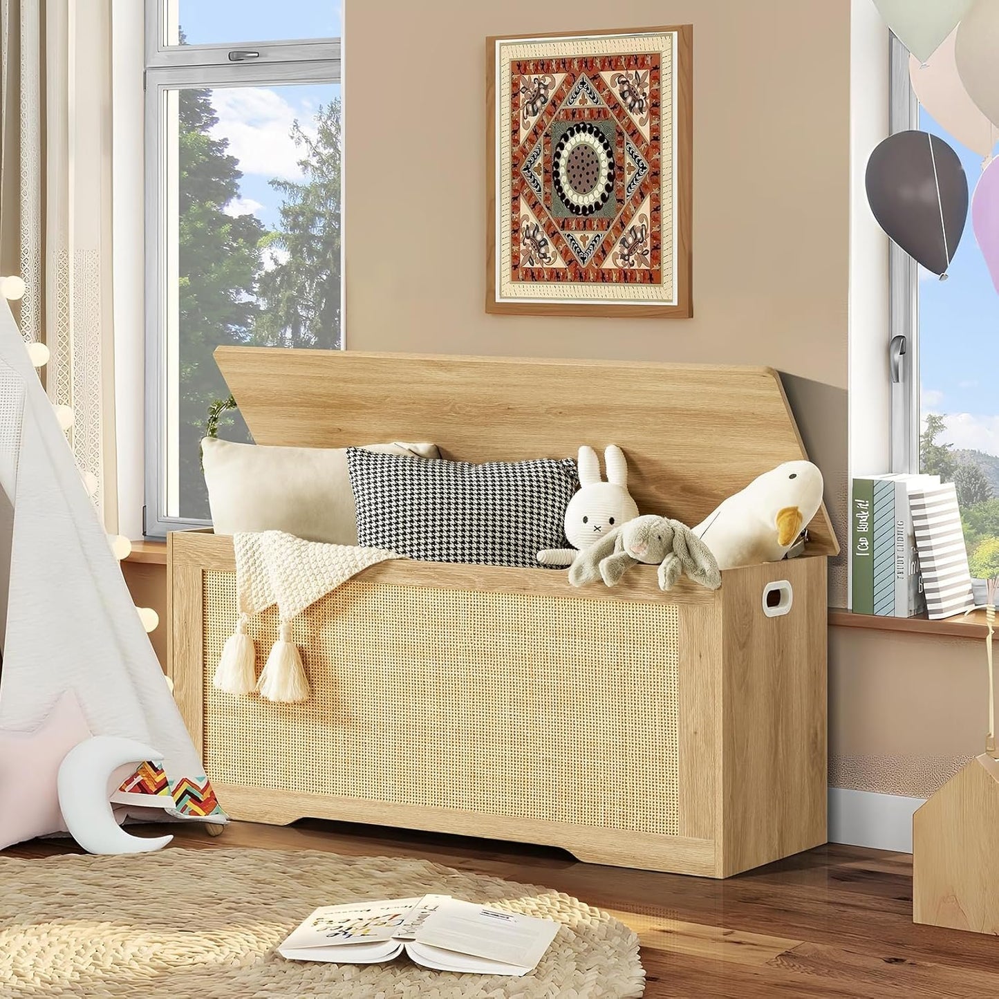 FIONESO 100cm Rattan Storage Chest, Wooden Toy Chest with 2 Safety Hinges, Lift Top Storage Box with Gel Bumpers, Storage Trunk, Storage Bench for Hallway, Natural