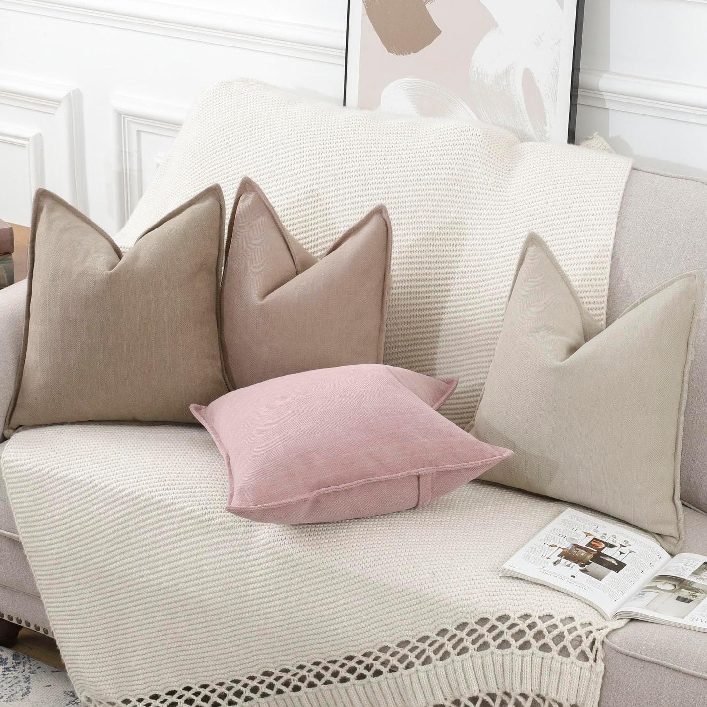 MADIZZ Textured Chenille Throw Pillow Covers Set of 2 Super Soft Decorative Pillow Covers Boho Cushion Covers Modern Farmhouse Home Decor for Sofa Bedroom 18x18 inch Beige