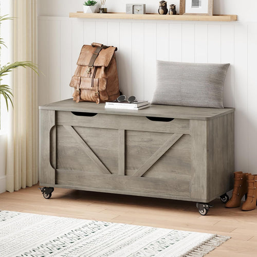 IDEALHOUSE Storage Chest, 39.4" Storage Bench, Wooden Storage Trunk with Safety Hinges, Lift-Top Entryway Bench, Supports 350 lb, Shoe Bench, for Bedroom, Living Room, Farmhouse Rustic Style, Gray