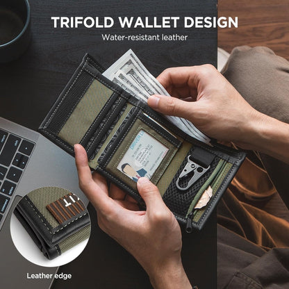 VULKIT Mens RFID Blocking Trifold Wallet Water-Resistant Leather Credit Card Holder with Zip Coin Pocket & Key Buckle for Daily Travel Outdoor