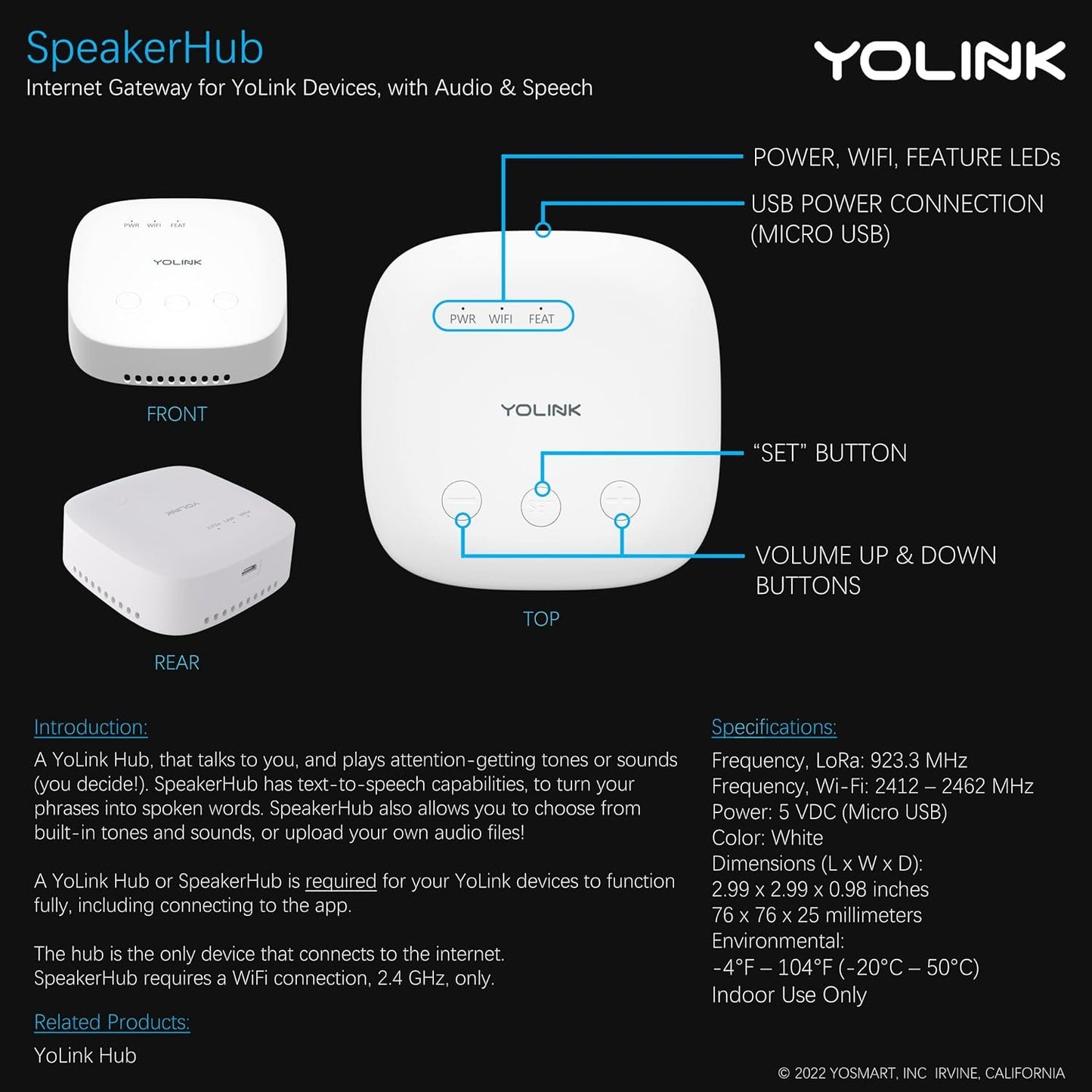 YoLink SpeakerHub & Two Motion Sensor Smart Home Starter Kit – Audio Hub Plays Tones/Sounds, Spoken Messages, LoRa-Powered ¼ Mile Range