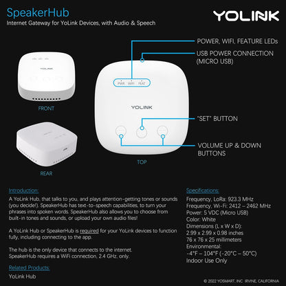 YoLink SpeakerHub & Two Motion Sensor Smart Home Starter Kit – Audio Hub Plays Tones/Sounds, Spoken Messages, LoRa-Powered ¼ Mile Range