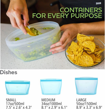 Zip Standing Reusable Silicone Food Storage Bag, Set of 6 White Stand Up Food Storage Container, Reusable Zipper seal bag, no lid required, for Food Storage& Meal Prep, Freezer Oven Dishwasher - Safe