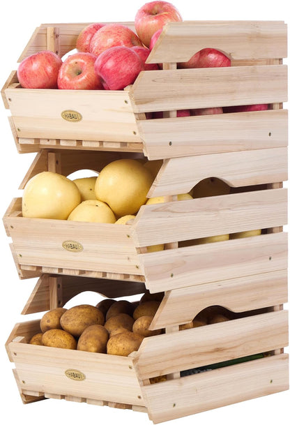 HABAU Wood Potato Onion Storage Bins - Wooden Stackable Produce Basket - Fruit Vegetable Storage for Kitchen Pantry Organization, Set 3 Pieces