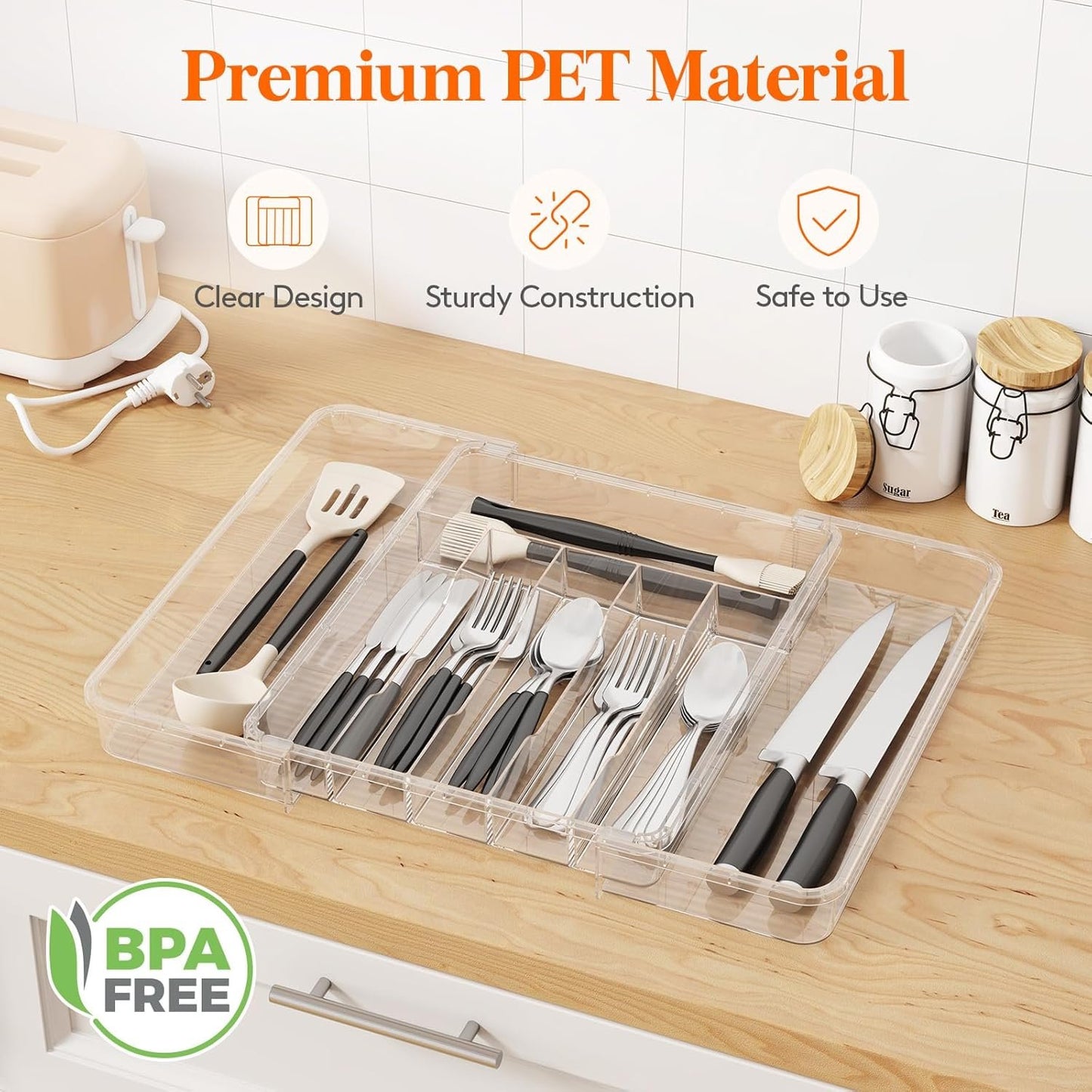 Lifewit Silverware Organizer for Kitchen Drawer, Clear Expandable Utensil Tray for Spoons Forks Knives, Adjustable Flatware Cutlery Holder Storage, Large