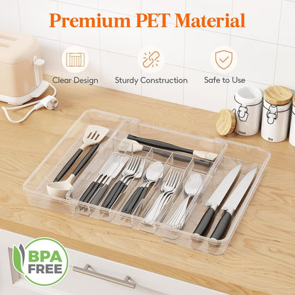 Lifewit Silverware Organizer for Kitchen Drawer, Clear Expandable Utensil Tray for Spoons Forks Knives, Adjustable Flatware Cutlery Holder Storage, Large