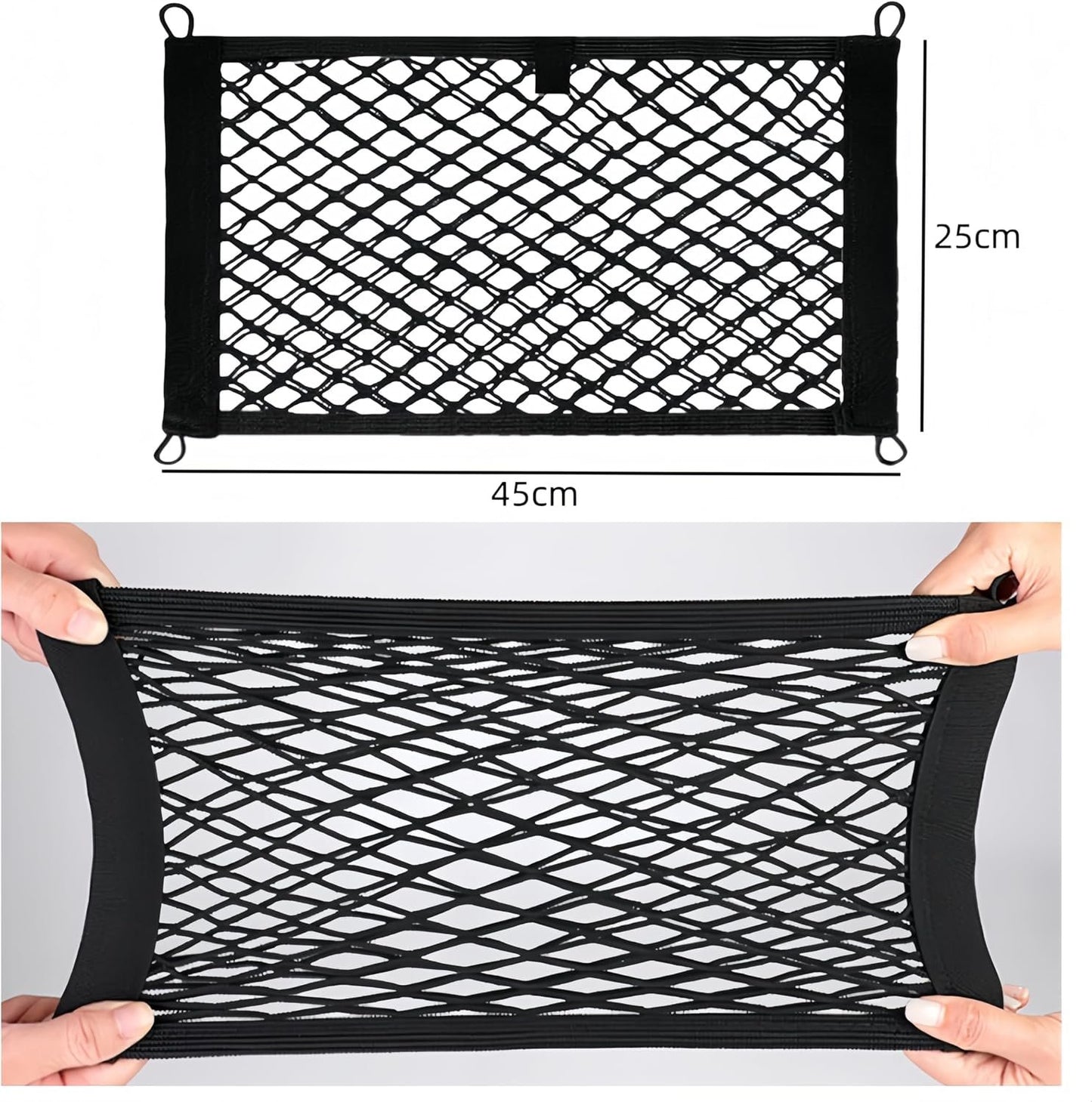 Ai-OUMLEEF Pack of 2 Car Luggage Net,Double Layer Elastic Storage Net,Stretchable Small Cargo Net,for Trunk Boats Home Storage Stretchable Mesh Pocket Net with 8 Mounting Screws and Hooks(25 x 45 cm)