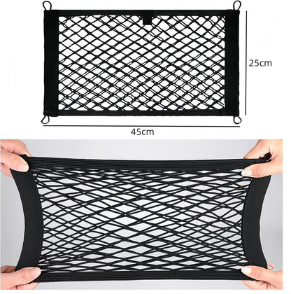 Ai-OUMLEEF Pack of 2 Car Luggage Net,Double Layer Elastic Storage Net,Stretchable Small Cargo Net,for Trunk Boats Home Storage Stretchable Mesh Pocket Net with 8 Mounting Screws and Hooks(25 x 45 cm)