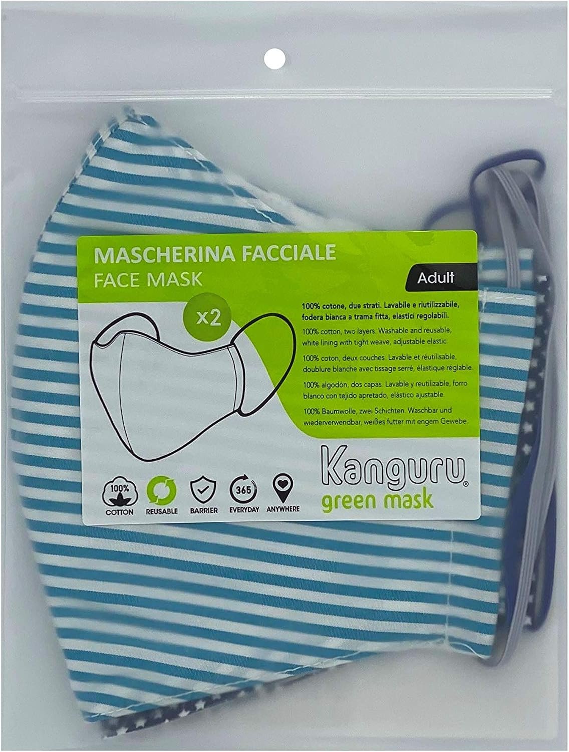 Kanguru Green Mask 2 Piece Face Mask 100% Cotton Washable Reusable Adult
