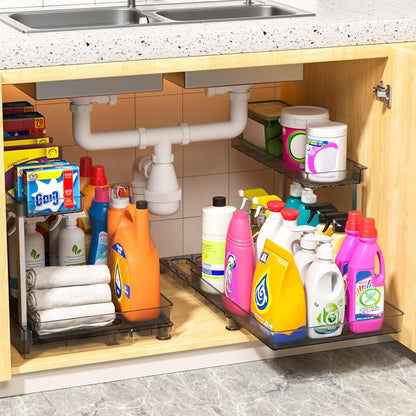Fowooyeen Under Sink Organizer, 2-Pack 2-Tier Sliding Basket Drawer, Multi-Purpose Cabinet Shelf for Kitchen and Bathroom Storage
