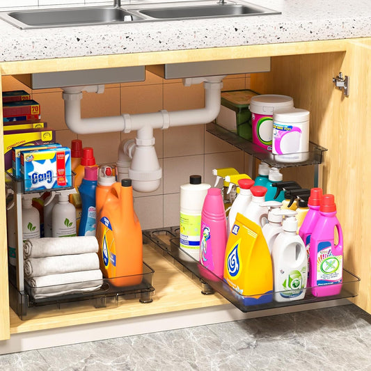 Fowooyeen Under Sink Organizer, 2-Pack 2-Tier Sliding Basket Drawer, Multi-Purpose Cabinet Shelf for Kitchen and Bathroom Storage