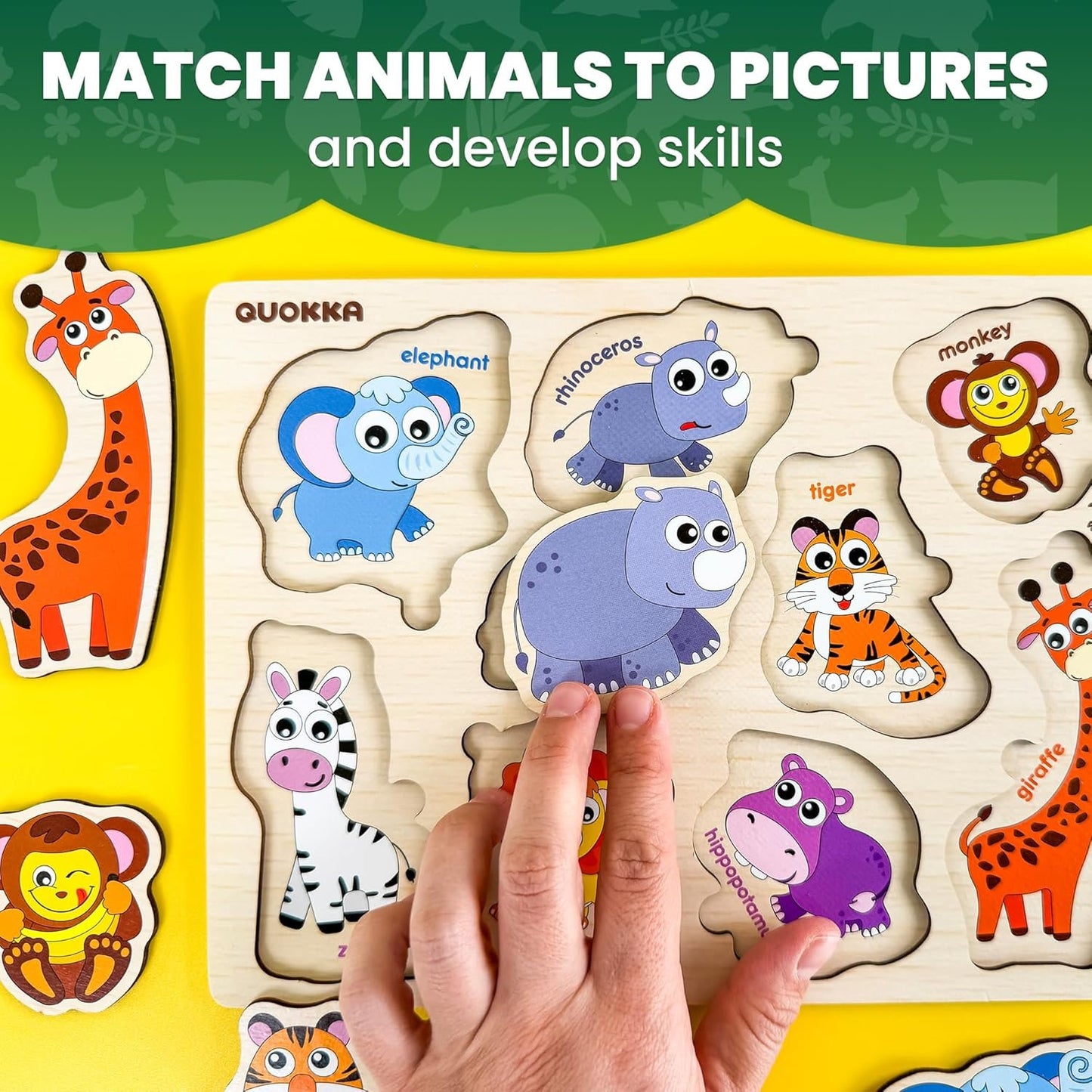 QUOKKA Wooden Puzzle for Toddlers 1-3 – Pegged Puzzle for Kids Ages 3-5 – Animal Safari Learning Toy – Realistic Educational Game for Boys & Girls