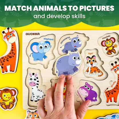 QUOKKA Wooden Puzzle for Toddlers 1-3 – Pegged Puzzle for Kids Ages 3-5 – Animal Safari Learning Toy – Realistic Educational Game for Boys & Girls