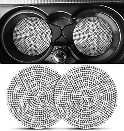 2PCS Bling Car Cup Holder Coaster, Handcrafted Rhinestone Crystal Cup Holder Coaster Anti-Slip Universal for Cars, SUVs, Home, Office, Car Interior Accessories for Women & Men (White)