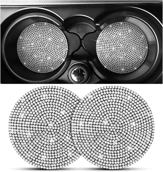 2PCS Bling Car Cup Holder Coaster, Handcrafted Rhinestone Crystal Cup Holder Coaster Anti-Slip Universal for Cars, SUVs, Home, Office, Car Interior Accessories for Women & Men (White)