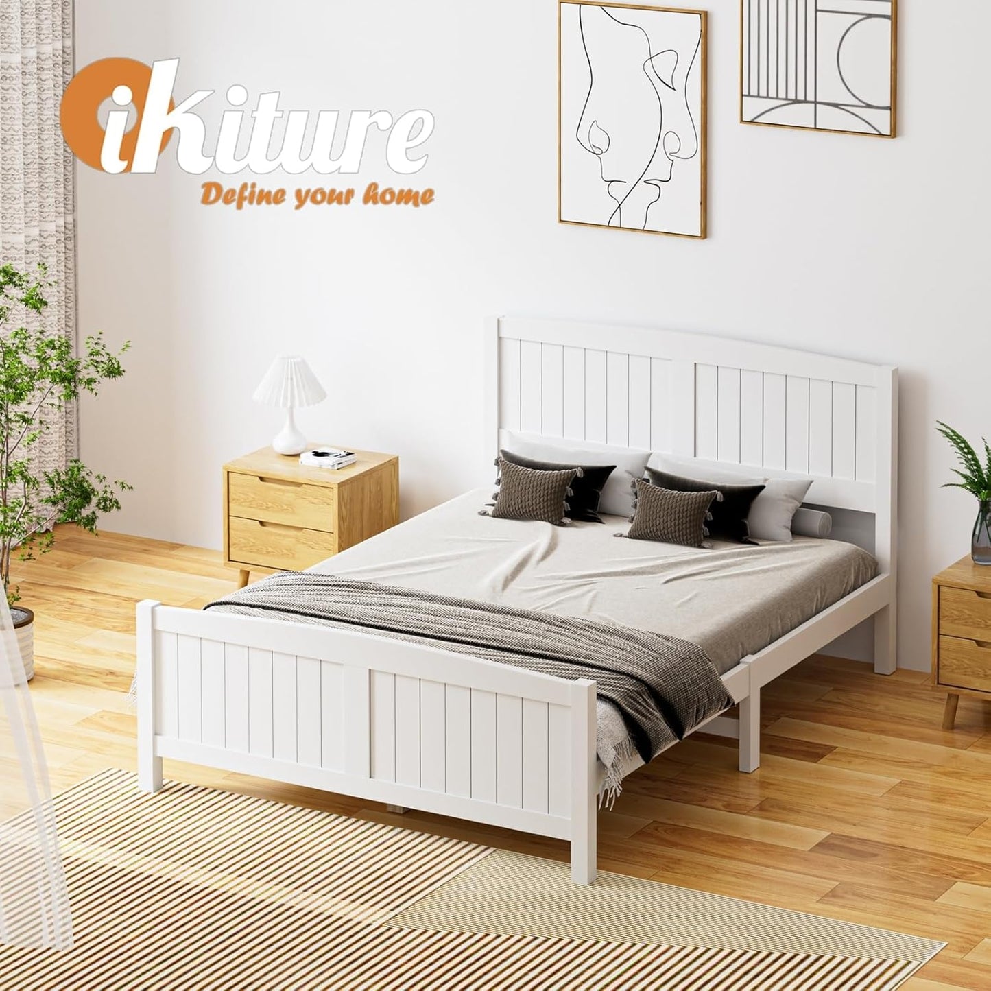 Oikiture Double Bed Frame with Headboards and Footboards Pine Wood Bed Frame Platform Bed, White