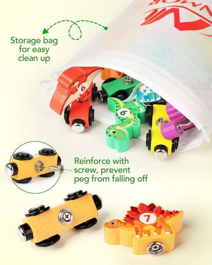 Vanmor Wooden Train Set with Dinosaur Toys, Educational Toddler Matching and Magnetic Number Train Learning Toys for Kids Ages 3-5, Montessori Gift for Boys and Girls who Love Trains and Dinosaurs