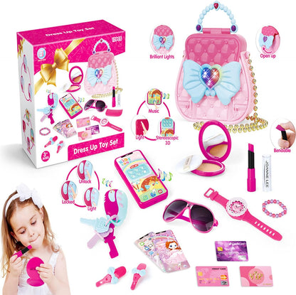 FGXY Girl My First Set of Handbags, 17 Pieces Pretend Play Bags Accessories Princess Make Up Accessories Keys Play Lipstick Bracelet Cute Hand Bag Smartphone with Lights and Sound