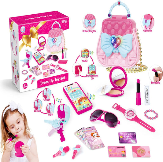 FGXY Girl My First Set of Handbags, 17 Pieces Pretend Play Bags Accessories Princess Make Up Accessories Keys Play Lipstick Bracelet Cute Hand Bag Smartphone with Lights and Sound