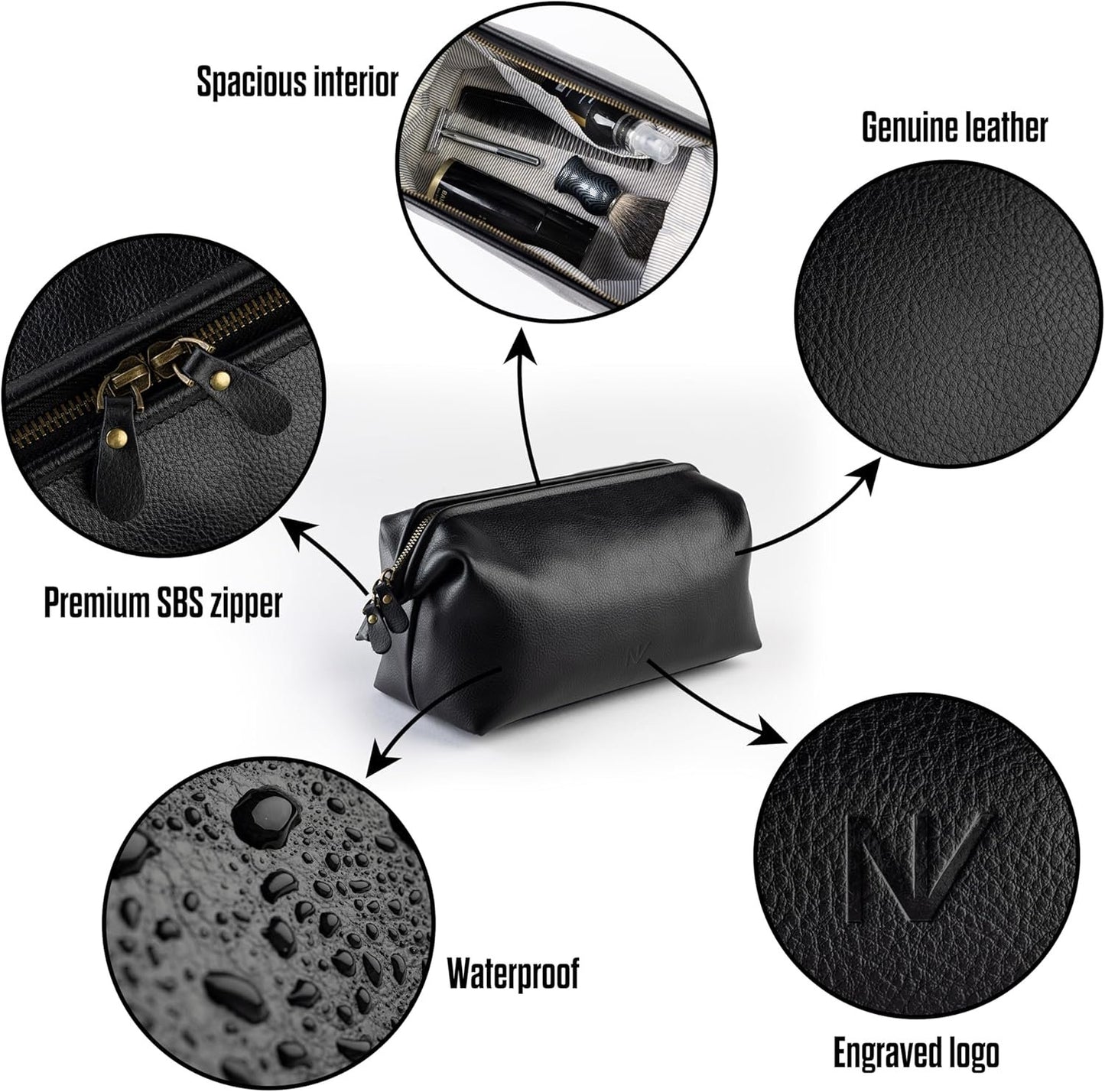NV Holders Premium Genuine Leather Toiletry Bag for Men - The Ultimate Travel Dopp Kit and Hygiene Organizer, Perfect Men's Toiletry Travel Bag, Black, Genuine Leather Toiletry Bag
