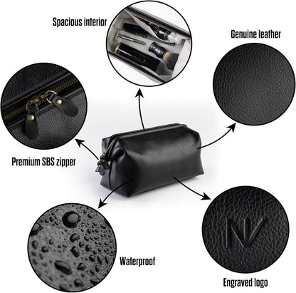 NV Holders Premium Genuine Leather Toiletry Bag for Men - The Ultimate Travel Dopp Kit and Hygiene Organizer, Perfect Men's Toiletry Travel Bag, Black, Genuine Leather Toiletry Bag