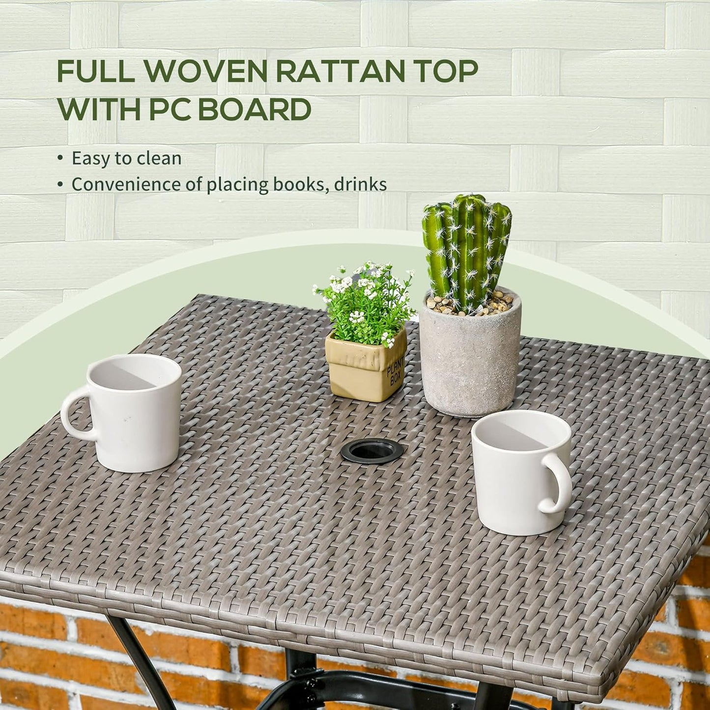 Outsunny Patio Wicker Dining Table with Umbrella Hole, 34 Inch Outdoor PE Rattan Coffee Table with Plastic Board Under The Woven Table Top for Patio, Garden, Balcony, Light Grey