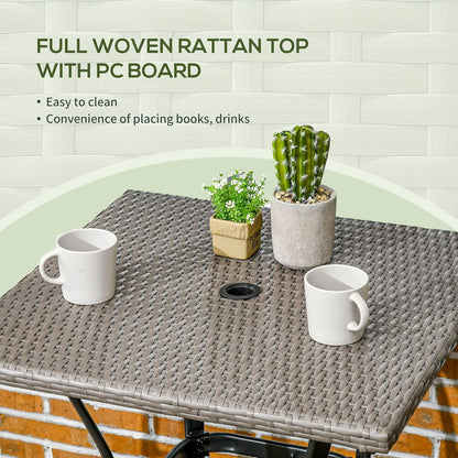 Outsunny Patio Wicker Dining Table with Umbrella Hole, 34 Inch Outdoor PE Rattan Coffee Table with Plastic Board Under The Woven Table Top for Patio, Garden, Balcony, Light Grey