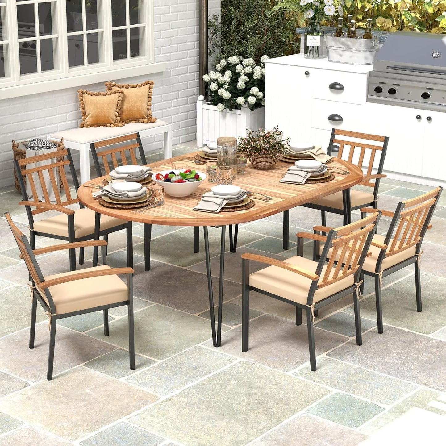 Tangkula 79-Inch Patio Dining Table, Indoor & Outdoor Dining Table w/Umbrella Hole, Acacia Wood Tabletop & Sturdy Metal Legs, Wood Oval Table for 8 People for Patio Yard Garden Deck