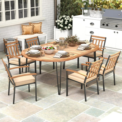 Tangkula 79-Inch Patio Dining Table, Indoor & Outdoor Dining Table w/Umbrella Hole, Acacia Wood Tabletop & Sturdy Metal Legs, Wood Oval Table for 8 People for Patio Yard Garden Deck