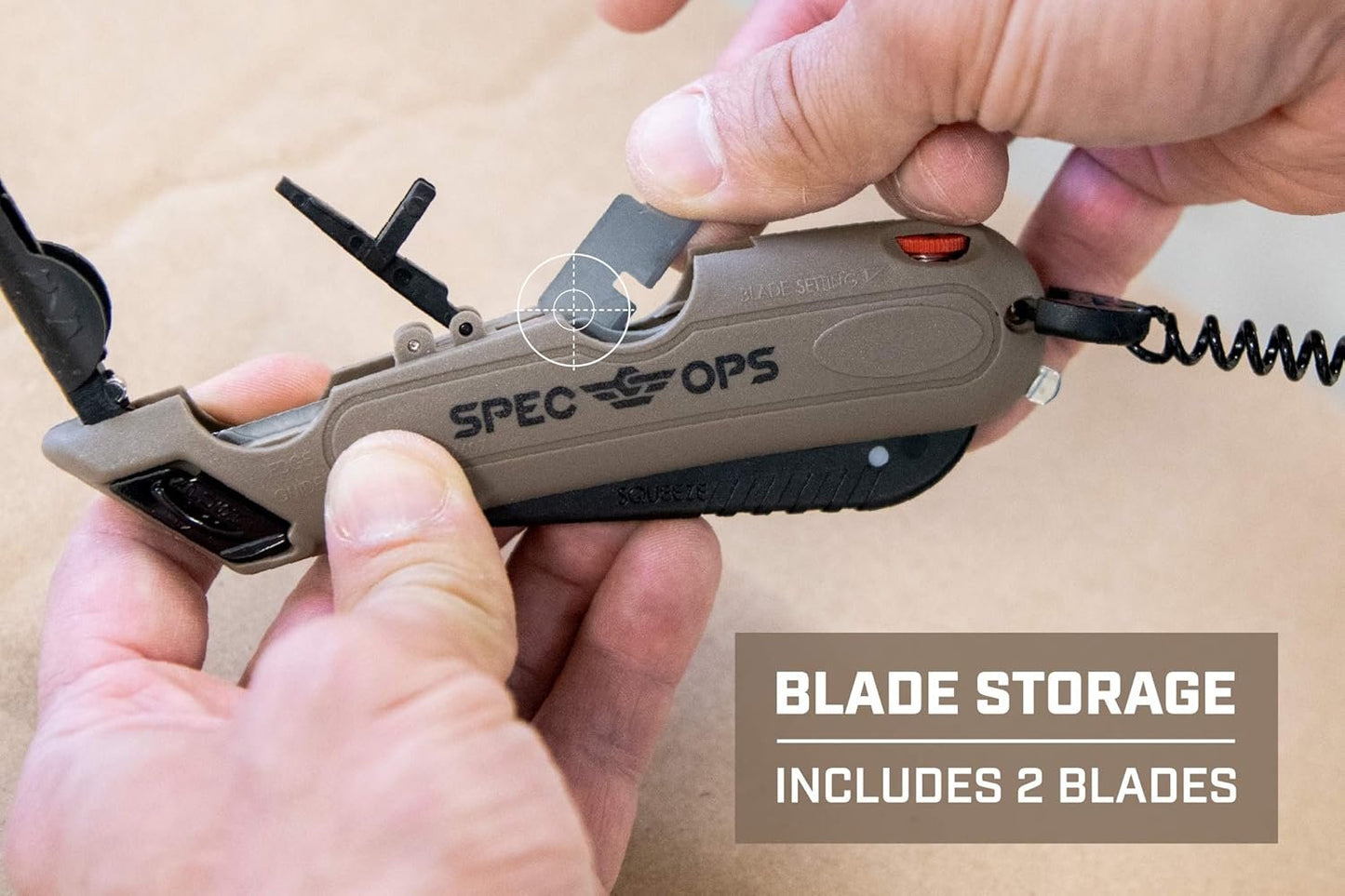Spec Ops Tools Safety Knife Box Cutter, Includes Holster & Lanyard, 3% Donated to Veterans, Black/tan