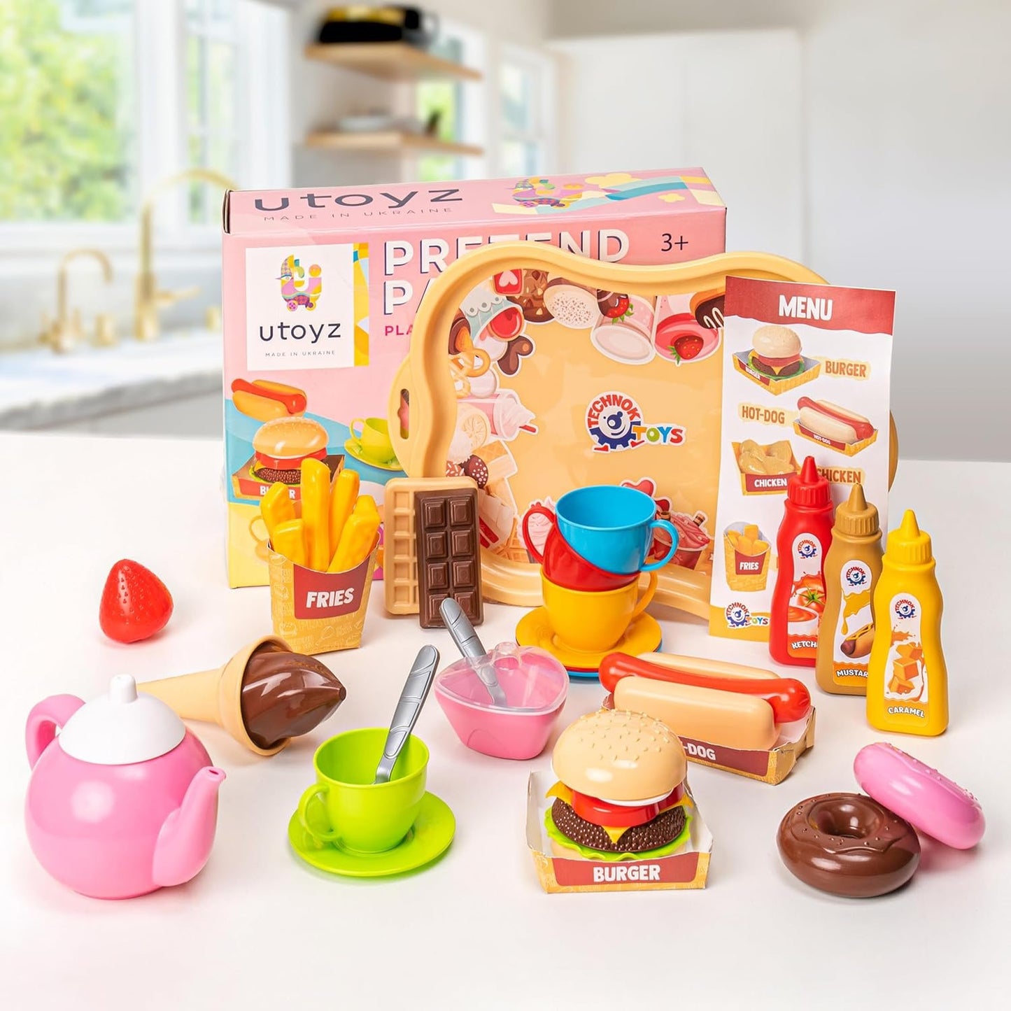 Pretend Play Kitchen Toys Cookware (79PCS) with Play Food Toy Set - Play Dishes Cookware Set - Play Food Set for Toddler Boys Girls 3+ Years - Hot Dog Ice Cream Burger