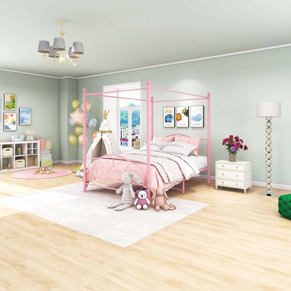 HAHRIR Canopy Bed Frame Platform Metal Bed Frame Heavy Duty Steel Slat and Support with Headboard and Footboard No Box Spring Required (Queen, Pink)