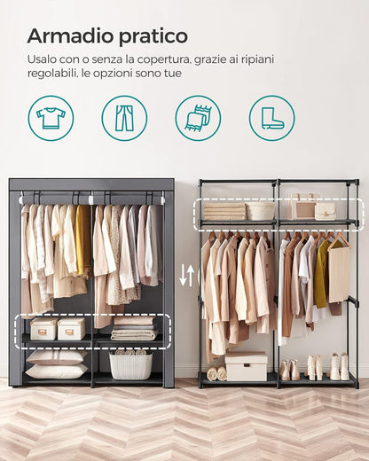 SONGMICS RYG02GY Wardrobe Wardrobe Bedroom Clothes Rack with 2 Bars Clothes Rail Portable Fabric Folding Wardrobe for Wardrobe, 140 x 43 x 174 cm, Grey RYG02GY