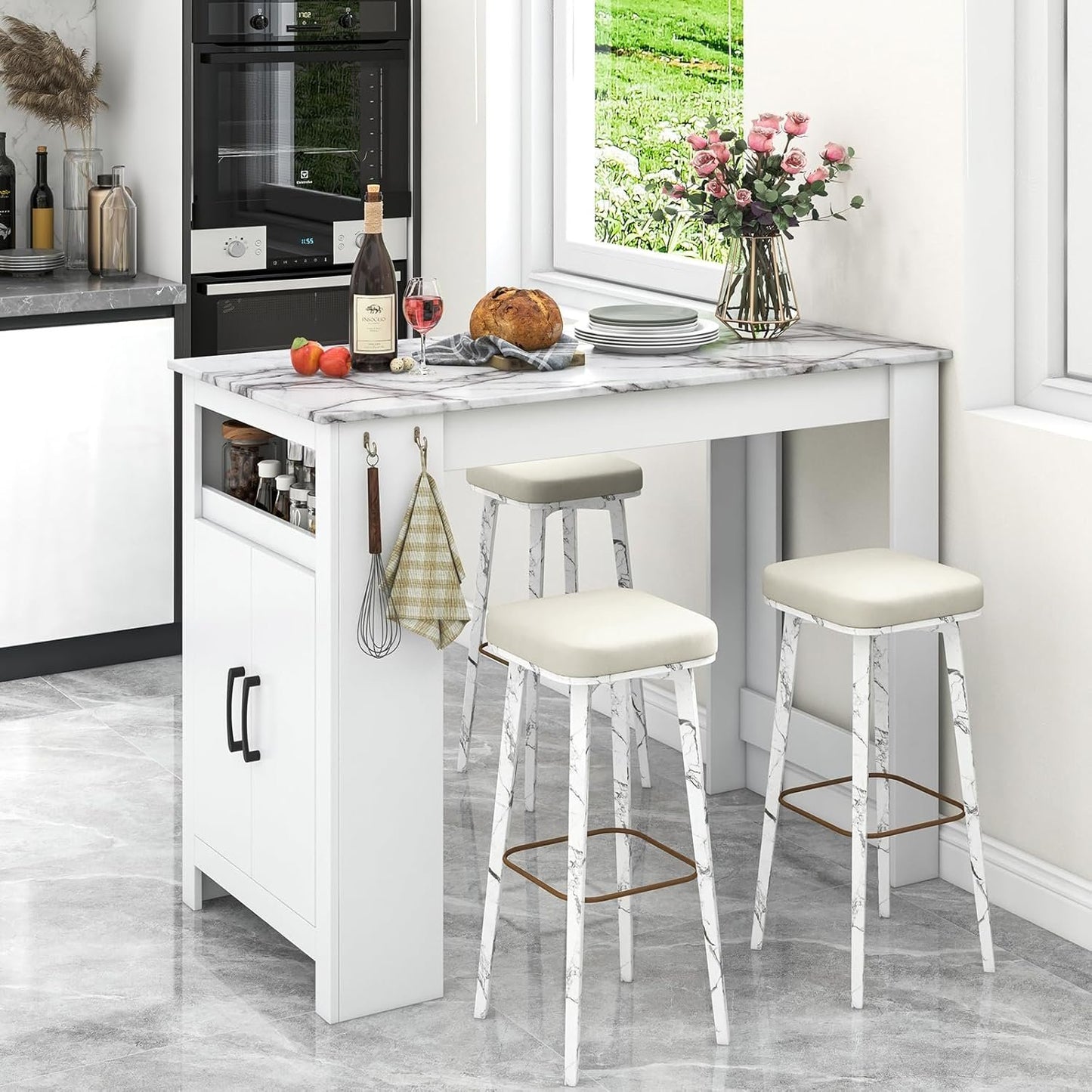 Giantex Bar Table, 47” Counter Height Dining Table with 7 Hanging Hooks, Compartment, Cabinet & Adjustable Shelf, High Top Table, Faux Marble Pub Table for Kitchen Breakfast Nook Small Space, White