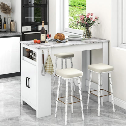 Giantex Bar Table, 47” Counter Height Dining Table with 7 Hanging Hooks, Compartment, Cabinet & Adjustable Shelf, High Top Table, Faux Marble Pub Table for Kitchen Breakfast Nook Small Space, White