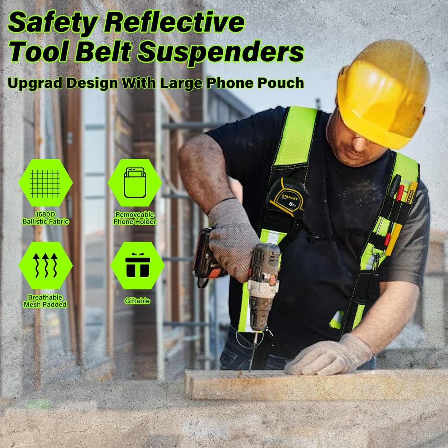 MELOTOUGH Reflective Safety Work Suspenders - Padded, Adjustable, Hi Vis Tool Belt Suspenders for Carpenter/Electrician/Roofing/Framers (High Visibility)