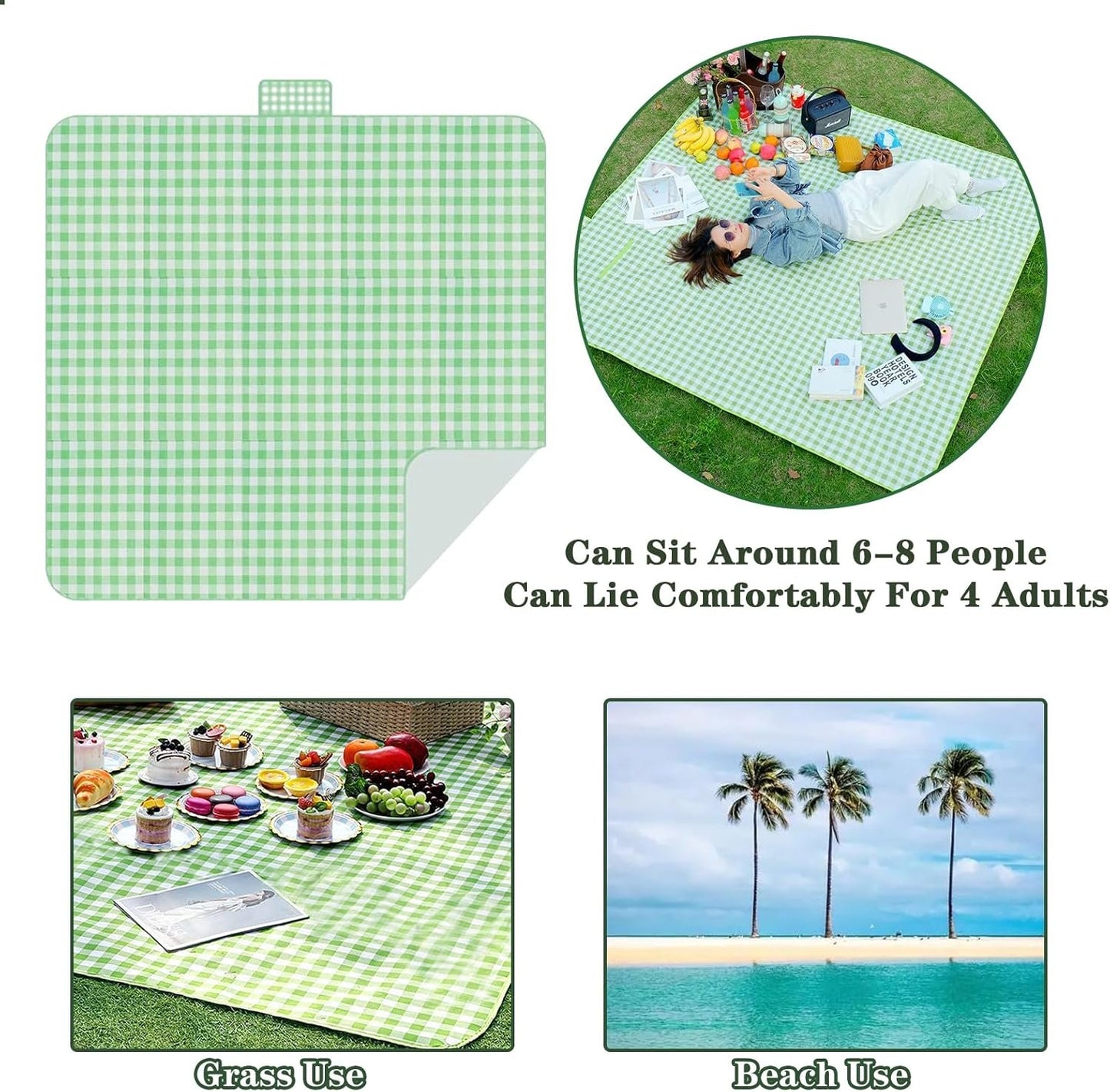 Dafape Picnic Blanket, Large Waterproof Sand-Proof Camping Beach Mat Lightweight Durable and Foldable Suitable for Outdoor Activities Grass Travel Hiking Mat (Green)