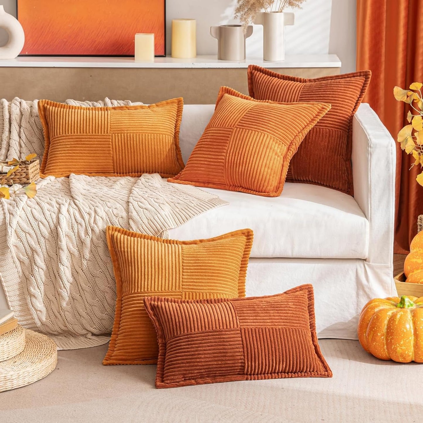 2 Packs Throw Pillow Covers Corduroy,Decorative Lumbar Pillow Covers, JOMWEN Super Soft Boho Striped Cushion Covers for Couch Bed Sofa Livingroom (Rust, 50 x 30 cm)