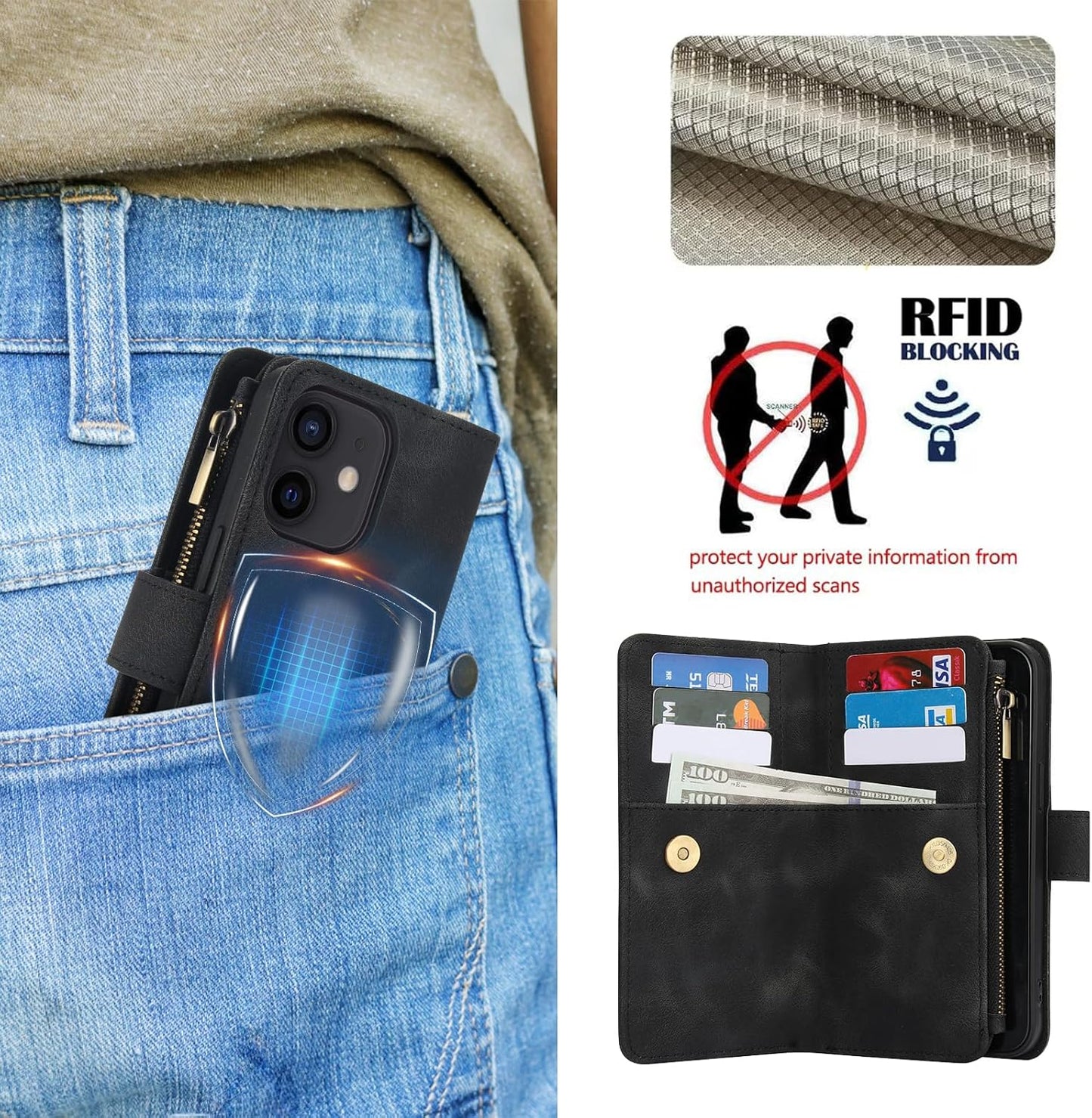 Umlovecase for iPhone 11 Case,for iPhone 11 Wallet Case with Zipper[9 Card Holder][RFID Blocking] Flip Folio Book PU Leather Phone Shockproof Cover-Black