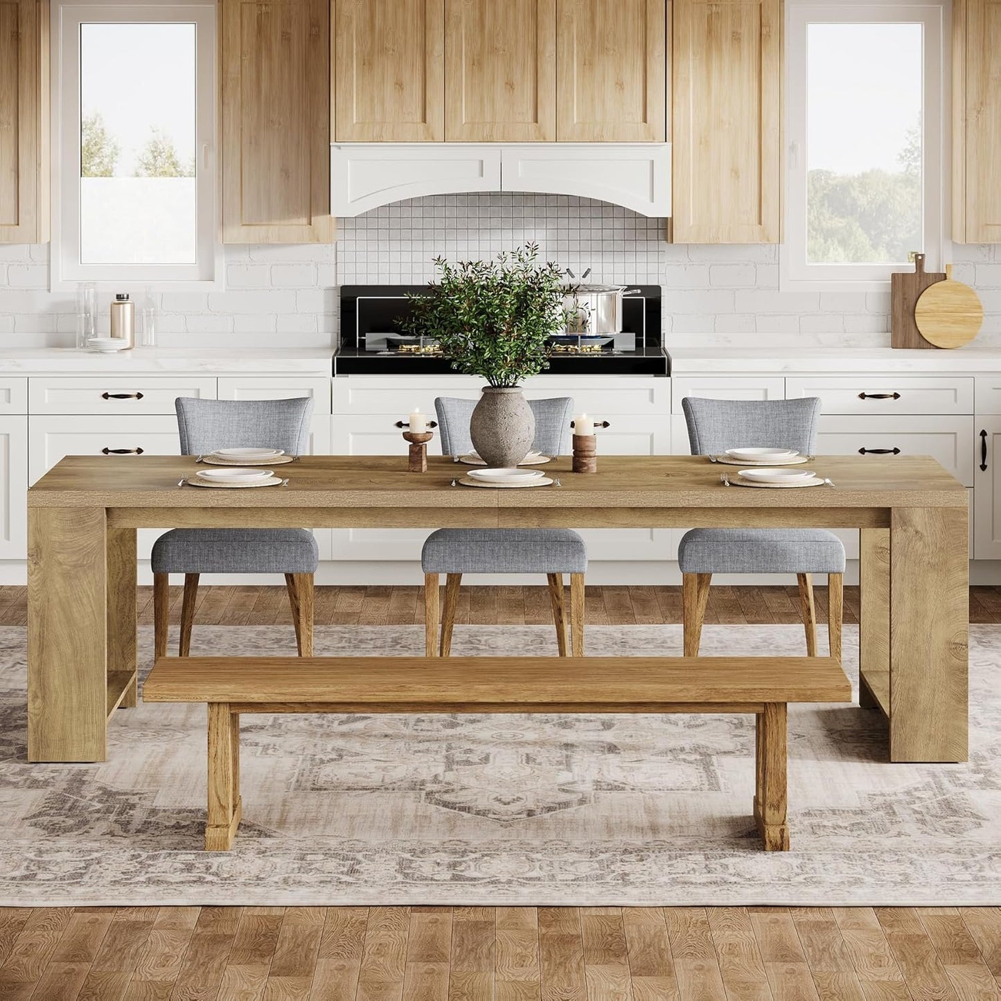 Tribesigns 86.61-Inch Dining Table for 6-8 People, Farmhouse Narrow Kitchen Table with Pedestal Base, Extra Long Rectangular Dining Room Furniture, Natural Oak