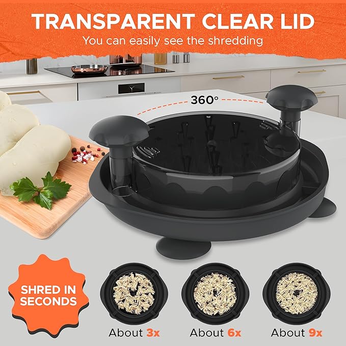 Chicken Shredder Tool with Suction Cups, Tongs & Cleaning Brush - Large 12" Meat Shredder Tool with Anti-Slip Base - Efficient Chicken Breast Shredder - BPA Free Food Shredder - Pulled Pork Shredder