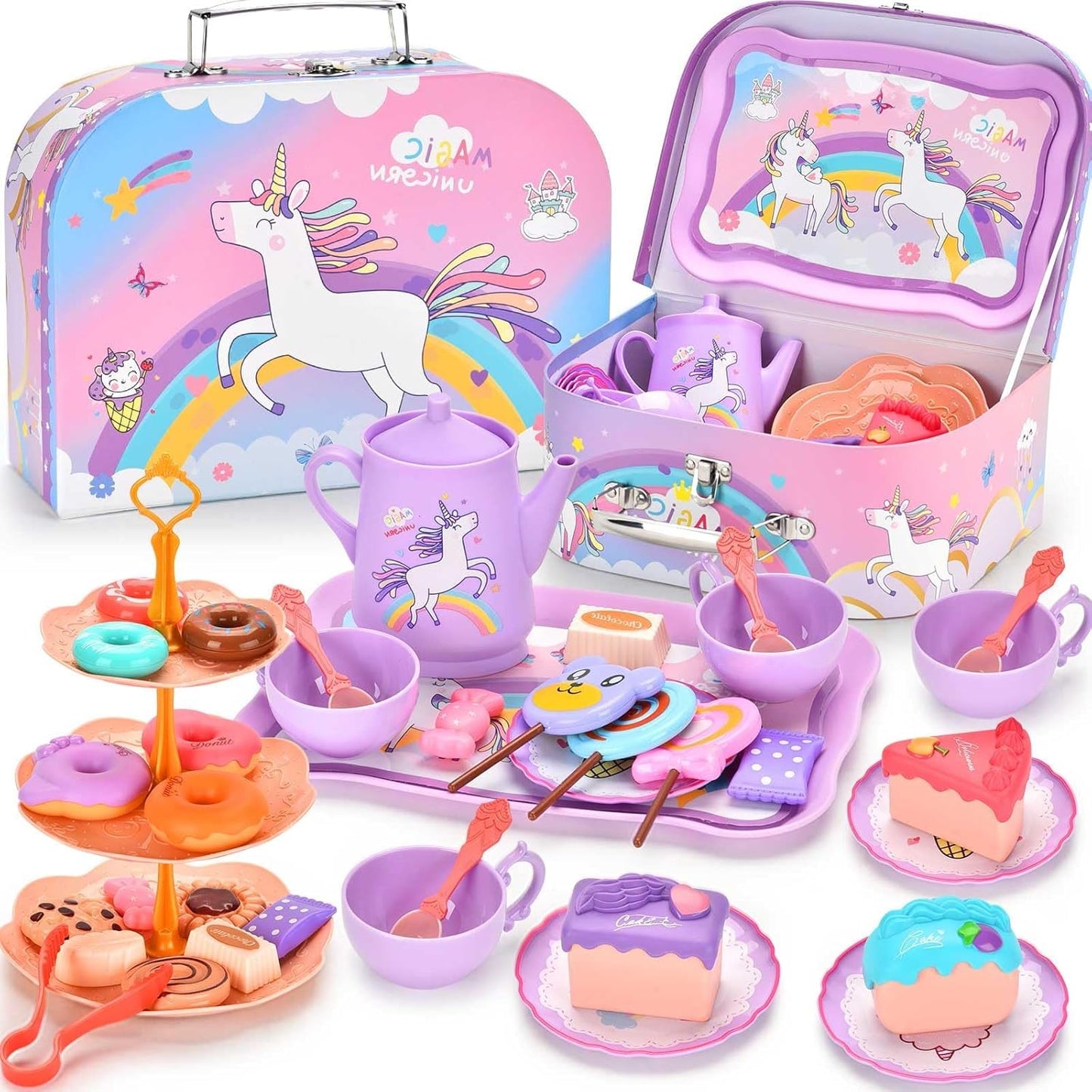 Astraio Unicorn Tea Party Set, 44PCS Pretend Plastic Teapot Set with Dessert, Carrying Case for Little Girls Age 3-12