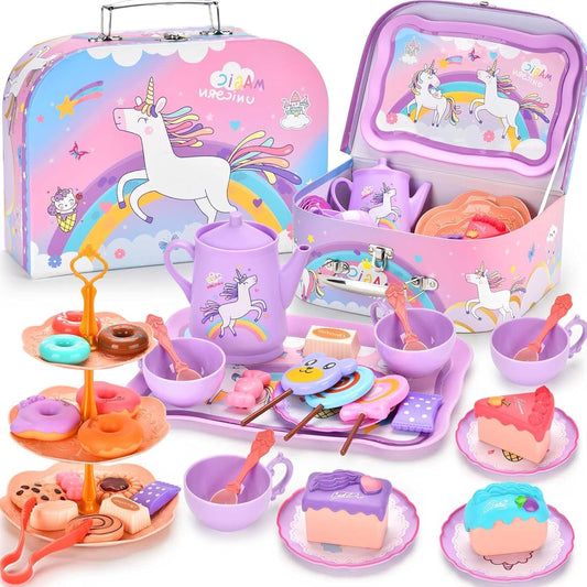 Astraio Unicorn Tea Party Set, 44PCS Pretend Plastic Teapot Set with Dessert, Carrying Case for Little Girls Age 3-12