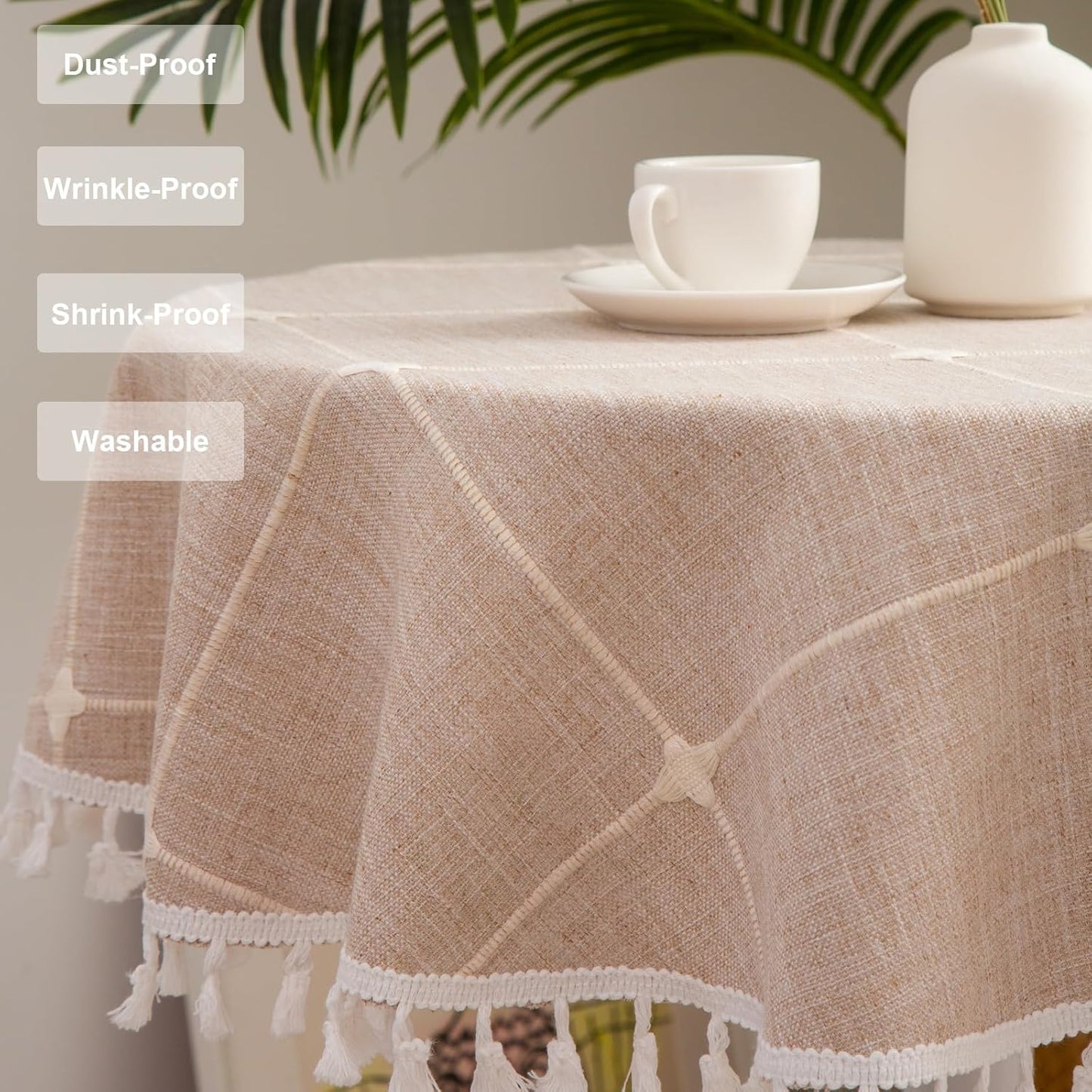 Hpxrom Round Lattice Small Tablecloth Cotton Linen Light Brown Dust-Proof Washable Boho Embroidery Table Cover Rustic Table Cloth for Coffee Party Kitchen Dining Tabletop Decoration 36 Inch