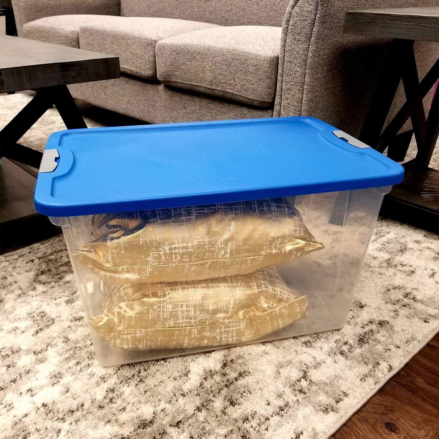 HOMZ 2-Pack Secure Latch, Clear Plastic Storage Organizer Bins, 64 Quart, Blue Lid - Stackable Container Boxes for Bedroom, Bathroom, Garage, and Office Organization