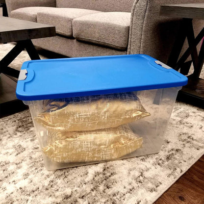 HOMZ 2-Pack Secure Latch, Clear Plastic Storage Organizer Bins, 64 Quart, Blue Lid - Stackable Container Boxes for Bedroom, Bathroom, Garage, and Office Organization