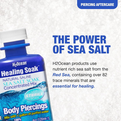 H2Ocean Healing Soak Piercing & Wound Sea Salt Bath - Sea Salt Saline Solution for Piercing & Wound Care - Soothing Aftercare for Body Piercings - 4 oz