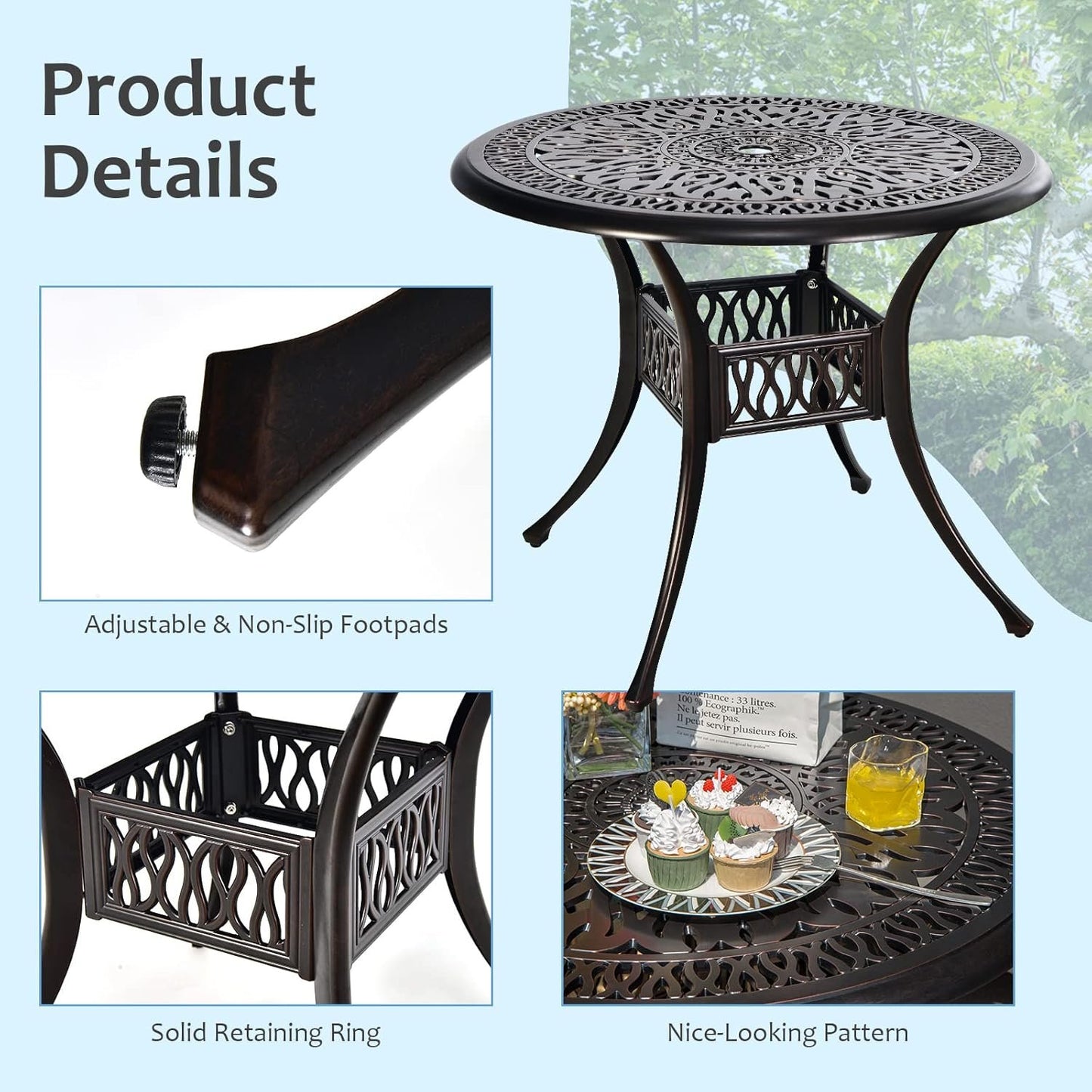 Giantex Bistro Table, Cast Aluminum Round Dining Table, 36” Tabletop 2” Umbrella Pole Hole, Weather Resistant for Outdoor Garden Poolside Backyard Patio (Red Copper)